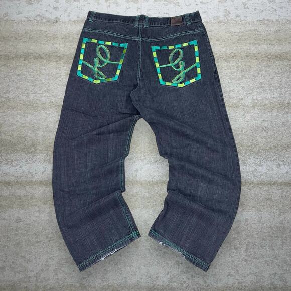 Vintage Skater Wide Leg Jeans UBug Smoke Black Wash Baggy Denim Rap Art Y2K